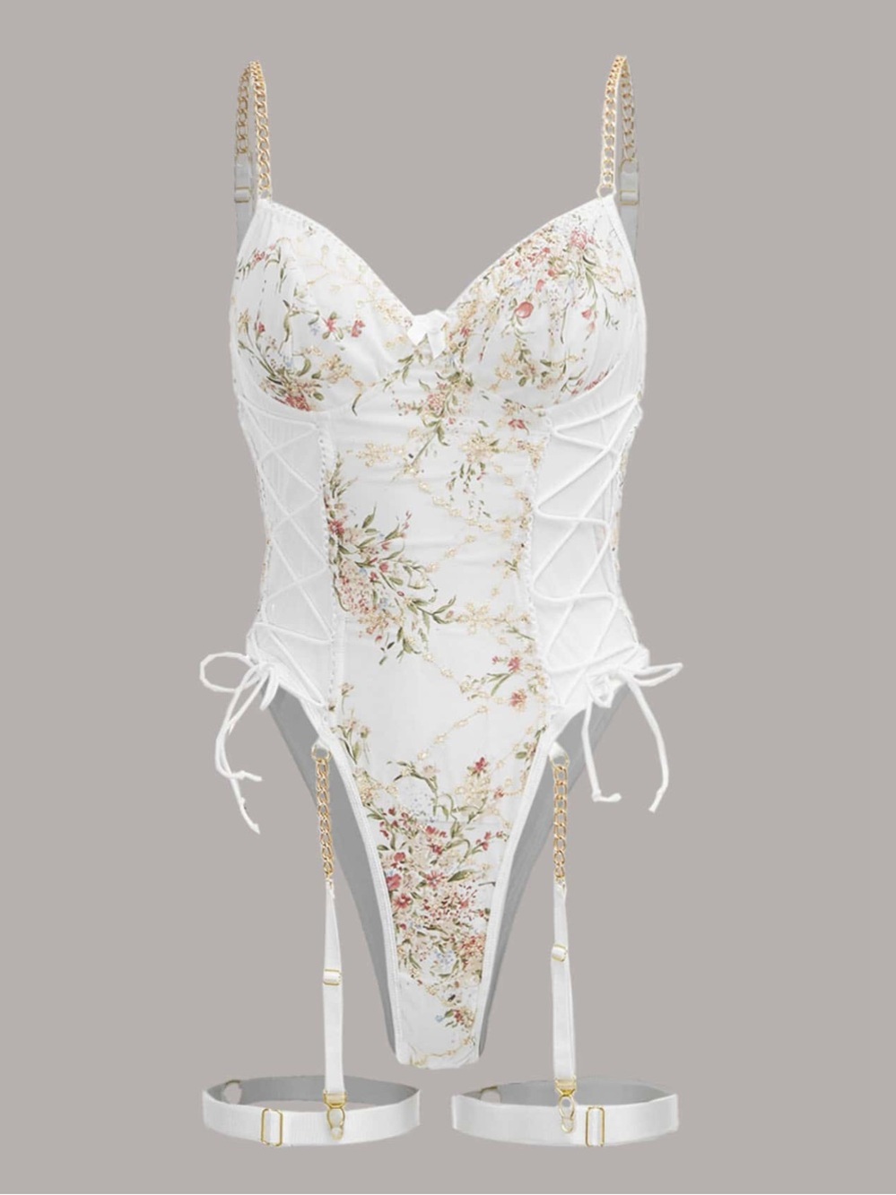 Floral Embroidered Mesh Lace Up Chain Decor Garter Teddy Bodysuit